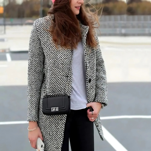 manteau long à rayures en laine, élégant et confortable pour l'hiver